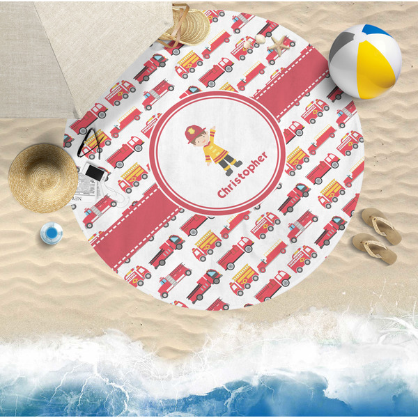 Firetrucks Round Beach Towel Lifestyle