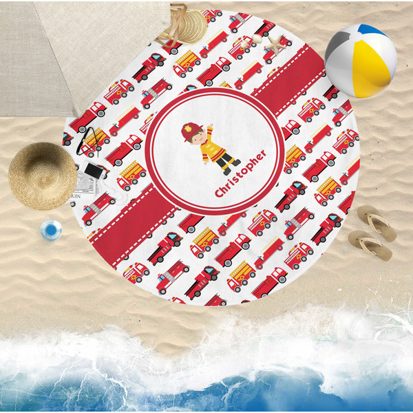 Firetrucks Round Beach Towel Lifestyle