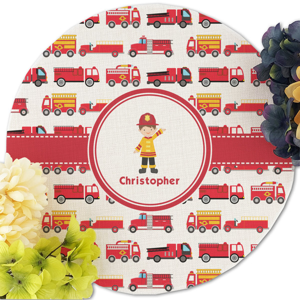 Firetrucks Round Linen Placemats - Front (w flowers)