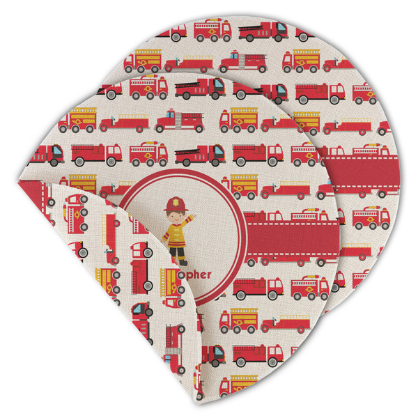 Custom Firetrucks Round Linen Placemat - Double Sided (Personalized)