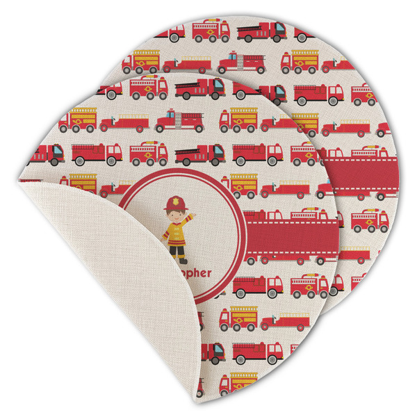 Custom Firetrucks Round Linen Placemat - Single Sided - Set of 4 (Personalized)