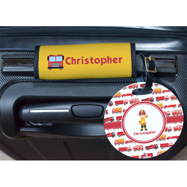 Firetrucks Round Luggage Tag & Handle Wrap - In Context