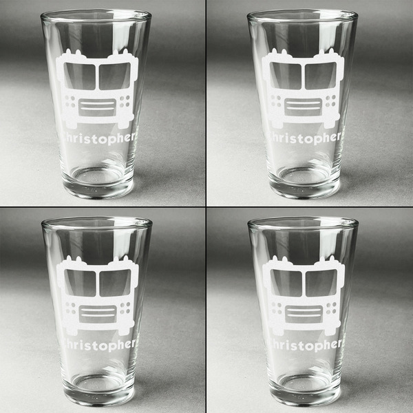 Firetrucks Set of Four Engraved Beer Glasses - Individual View