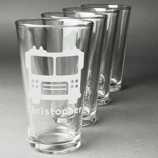 Custom Firetrucks Pint Glasses - Engraved (Set of 4) (Personalized)
