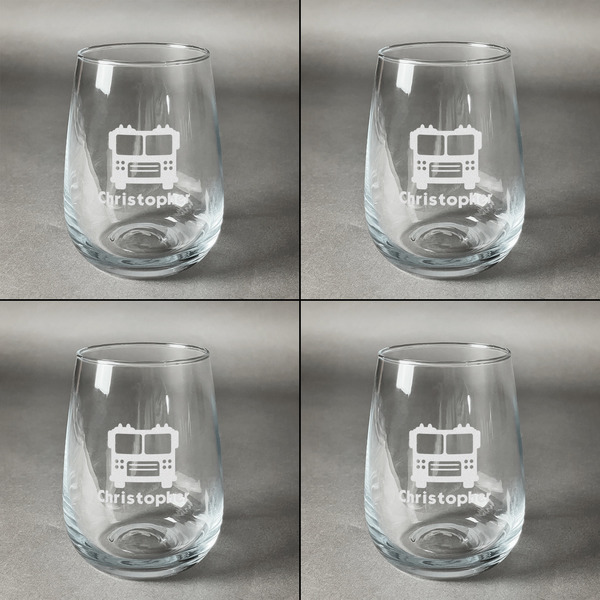 Firetrucks Set of Four Personalized Stemless Wineglasses (Approval)