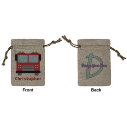 Firetrucks Small Burlap Gift Bag - Front & Back (Personalized)