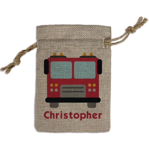 Custom Firetrucks Small Burlap Gift Bag - Front (Personalized)