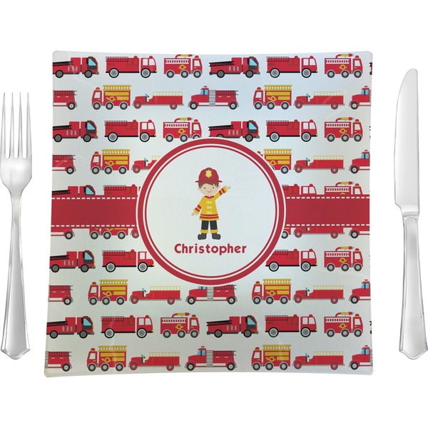 Custom Firetrucks 9.5" Glass Square Lunch / Dinner Plate- Single or Set of 4 (Personalized)