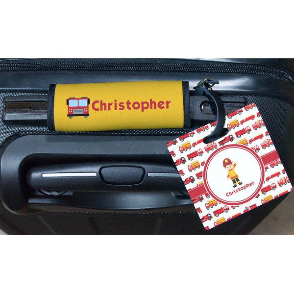 Firetrucks Square Luggage Tag & Handle Wrap - In Context