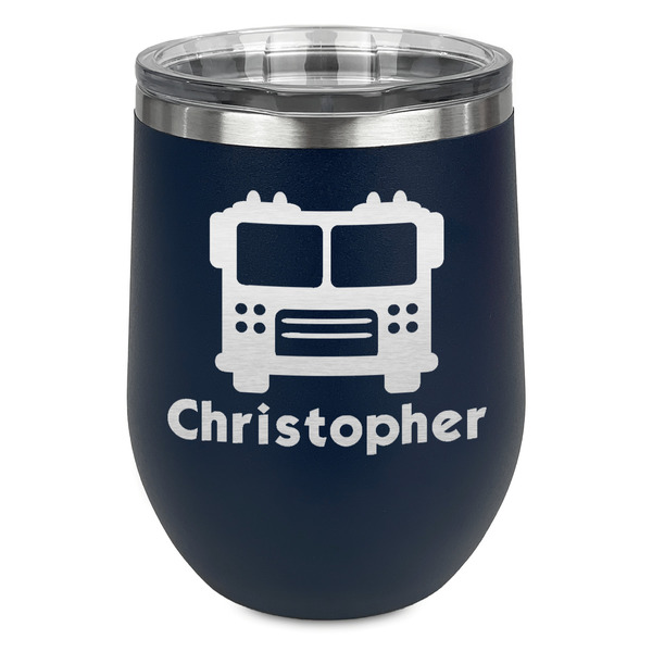 Custom Firetrucks Stemless Stainless Steel Wine Tumbler - Navy - Double Sided (Personalized)