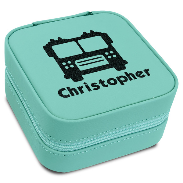 Custom Firetrucks Travel Jewelry Box - Teal Leather (Personalized)