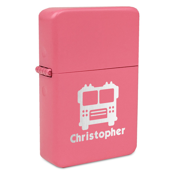 Custom Firetrucks Windproof Lighter - Pink - Single Sided & Lid Engraved (Personalized)