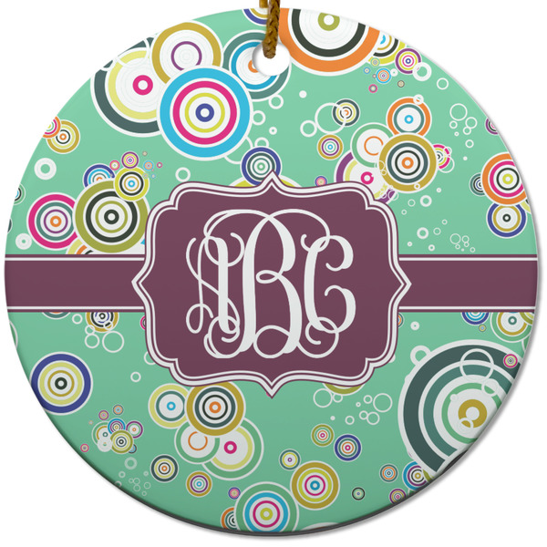 Custom Colored Circles Round Ceramic Ornament w/ Monogram