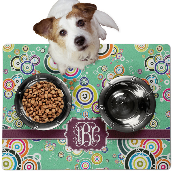 Custom Colored Circles Dog Food Mat - Medium w/ Monogram