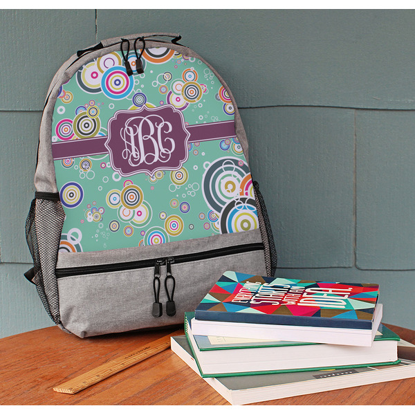 Colored Circles Large Backpack - Gray - On Desk