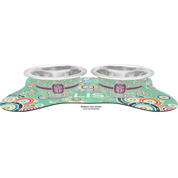 Colored Circles Metal Pet Bowls - On Dog Bone Shaped Mat