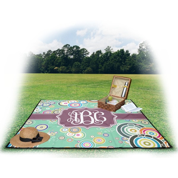 Colored Circles Picnic Blanket - with Basket Hat and Book - in Use