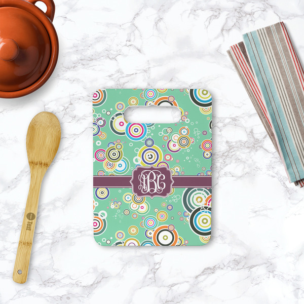 Colored Circles Rectangle Trivet with Handle - LIFESTYLE