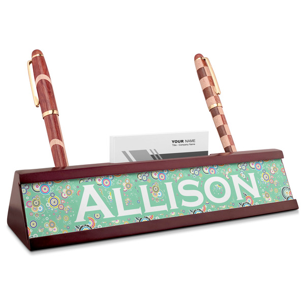Custom Colored Circles Red Mahogany Nameplate with Business Card Holder (Personalized)