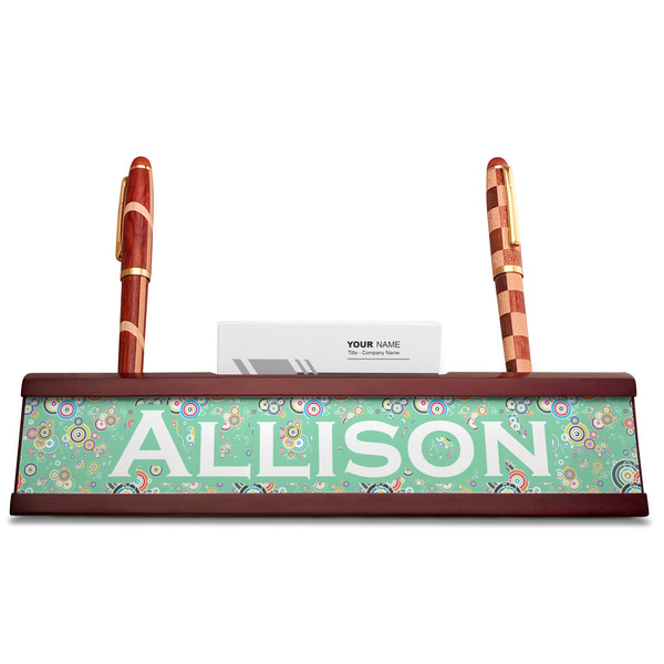 Colored Circles Red Mahogany Nameplates with Business Card Holder - Straight