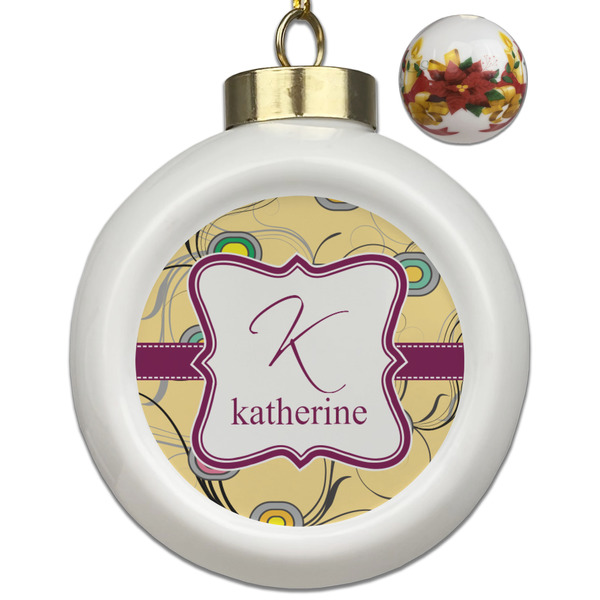 Custom Ovals & Swirls Ceramic Ball Ornaments - Poinsettia Garland (Personalized)