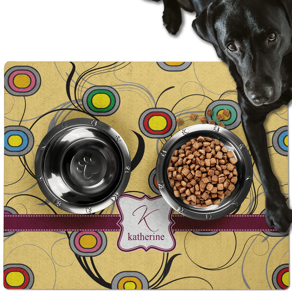 Custom Ovals & Swirls Dog Food Mat - Large w/ Name and Initial