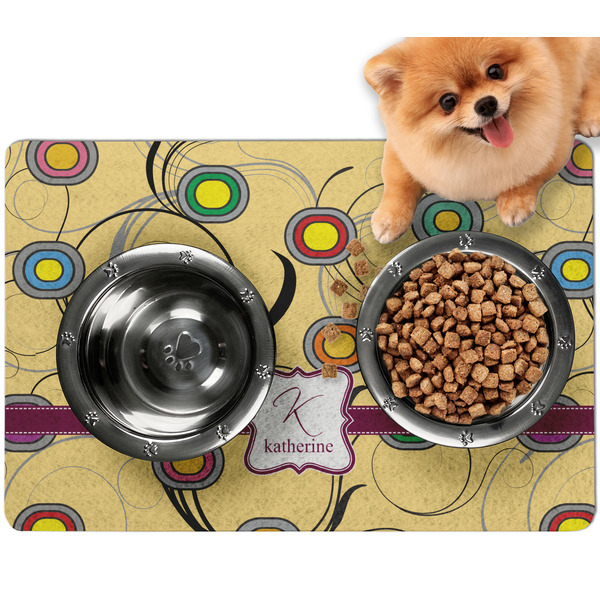 Custom Ovals & Swirls Dog Food Mat - Small w/ Name and Initial