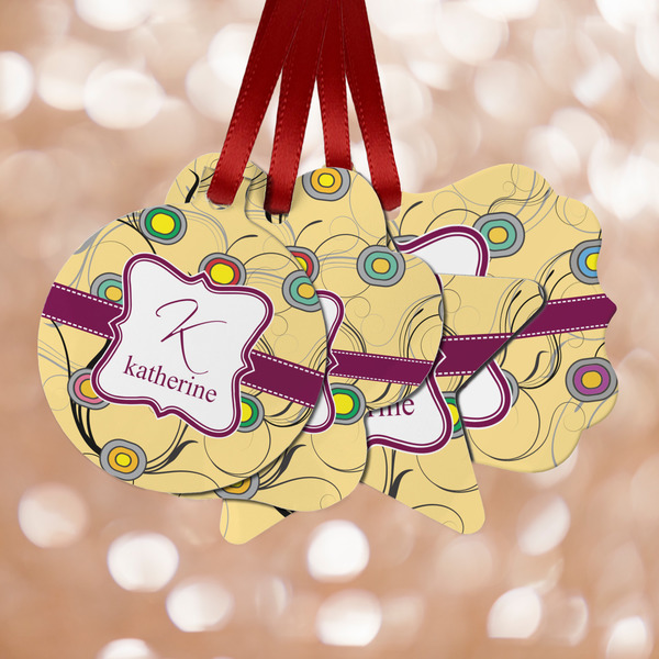 Custom Ovals & Swirls Metal Ornaments - Double Sided w/ Name and Initial