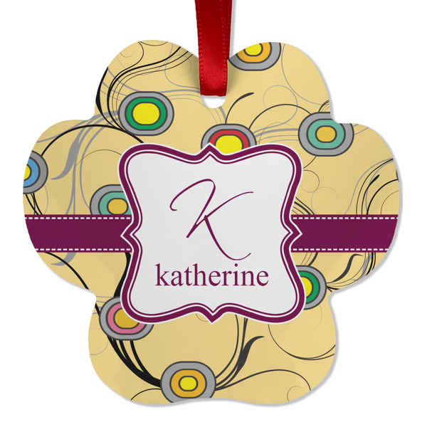 Custom Ovals & Swirls Metal Paw Ornament - Double Sided w/ Name and Initial