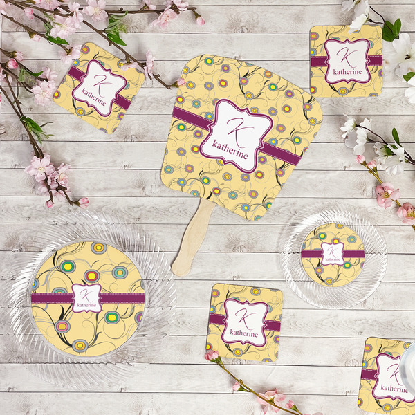 Ovals & Swirls Party Supplies Combination Image - All items - Plates, Coasters, Fans