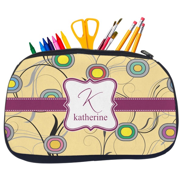 Custom Ovals & Swirls Neoprene Pencil Case - Medium w/ Name and Initial