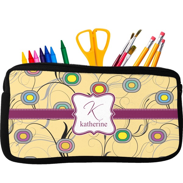 Custom Ovals & Swirls Neoprene Pencil Case - Small w/ Name and Initial
