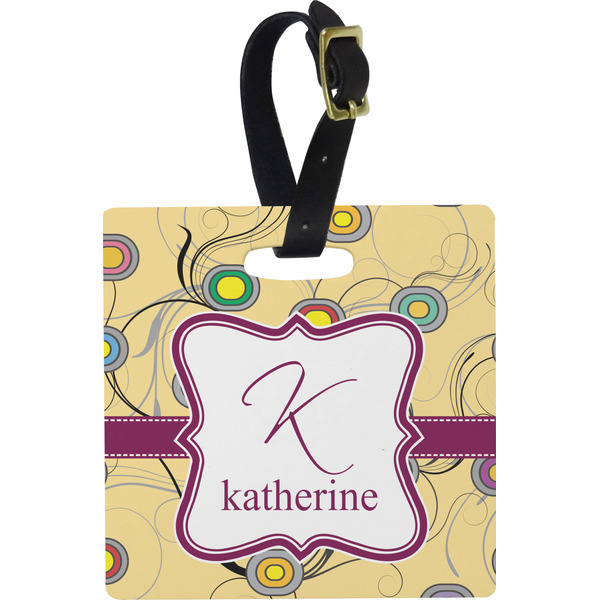Custom Ovals & Swirls Plastic Luggage Tag - Square w/ Name and Initial