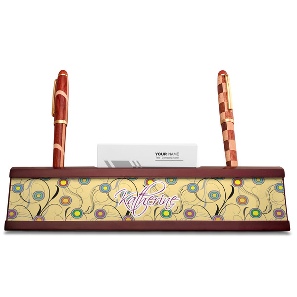 Ovals & Swirls Red Mahogany Nameplates with Business Card Holder - Straight