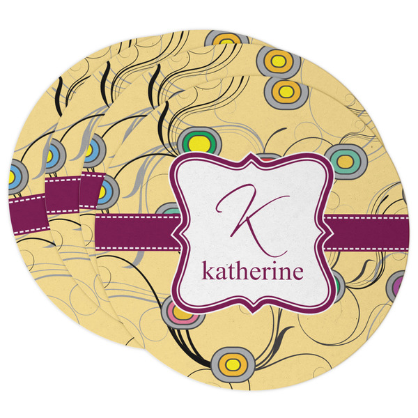 Custom Ovals & Swirls Round Paper Coasters w/ Name and Initial