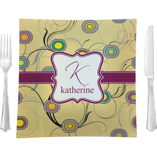 Custom Ovals & Swirls Glass Square Lunch / Dinner Plate 9.5" (Personalized)