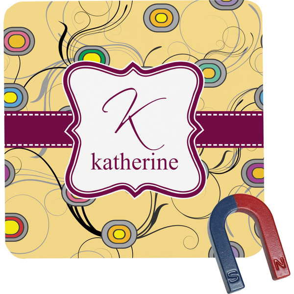 Custom Ovals & Swirls Square Fridge Magnet w/ Name and Initial