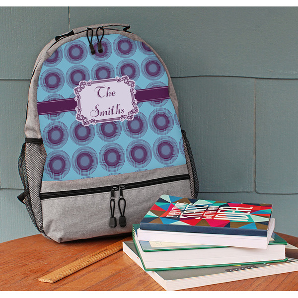 Concentric Circles Large Backpack - Gray - On Desk