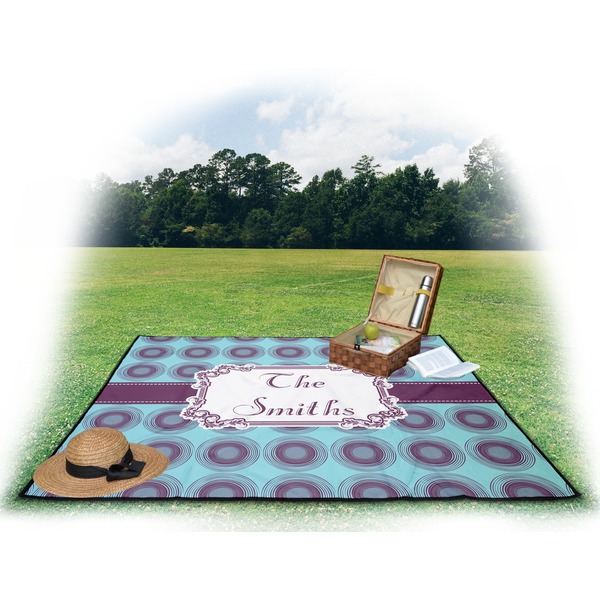 Concentric Circles Picnic Blanket - with Basket Hat and Book - in Use
