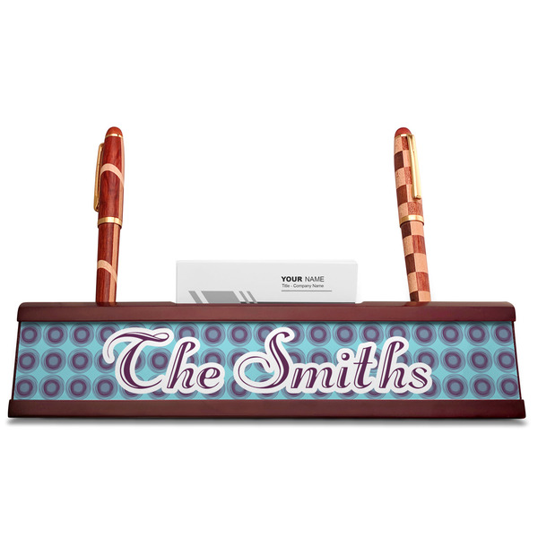 Concentric Circles Red Mahogany Nameplates with Business Card Holder - Straight