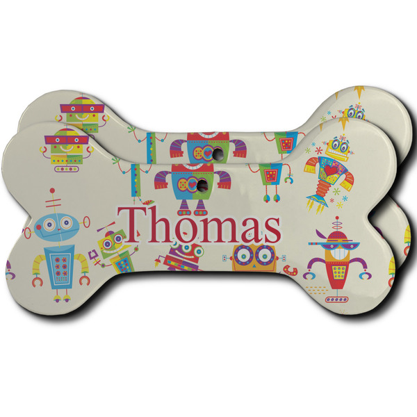 Custom Rocking Robots Ceramic Dog Ornament - Front & Back w/ Name and Initial