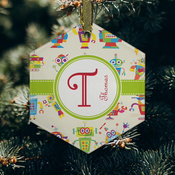 Rocking Robots Frosted Glass Ornament - Hexagon (Lifestyle)