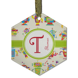 Rocking Robots Flat Glass Ornament - Hexagon w/ Name and Initial
