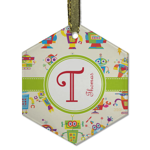 Custom Rocking Robots Flat Glass Ornament - Hexagon w/ Name and Initial