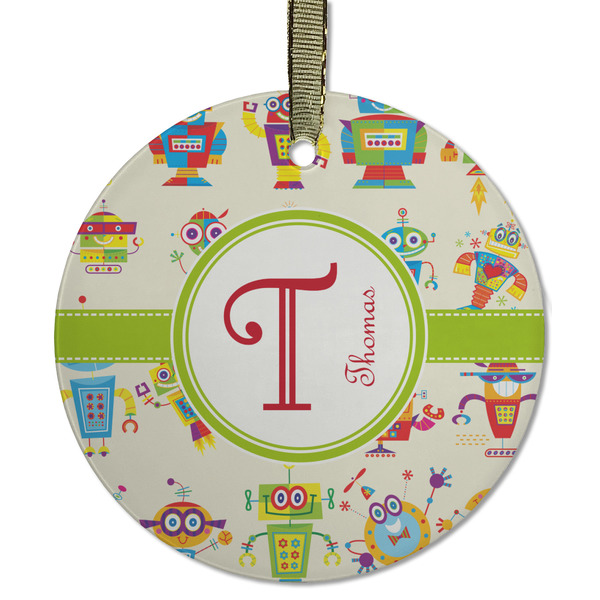 Custom Rocking Robots Flat Glass Ornament - Round w/ Name and Initial