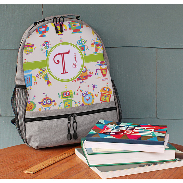 Rocking Robots Large Backpack - Gray - On Desk