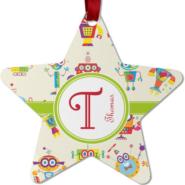 Custom Rocking Robots Metal Star Ornament - Double Sided w/ Name and Initial