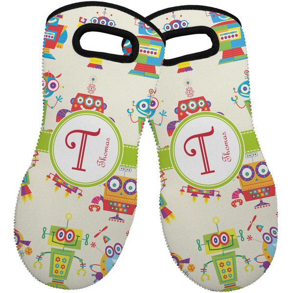 Custom Rocking Robots Neoprene Oven Mitts - Set of 2 w/ Name and Initial