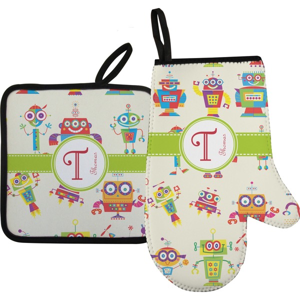 Custom Rocking Robots Right Oven Mitt & Pot Holder Set w/ Name and Initial