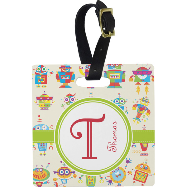 Custom Rocking Robots Plastic Luggage Tag - Square w/ Name and Initial